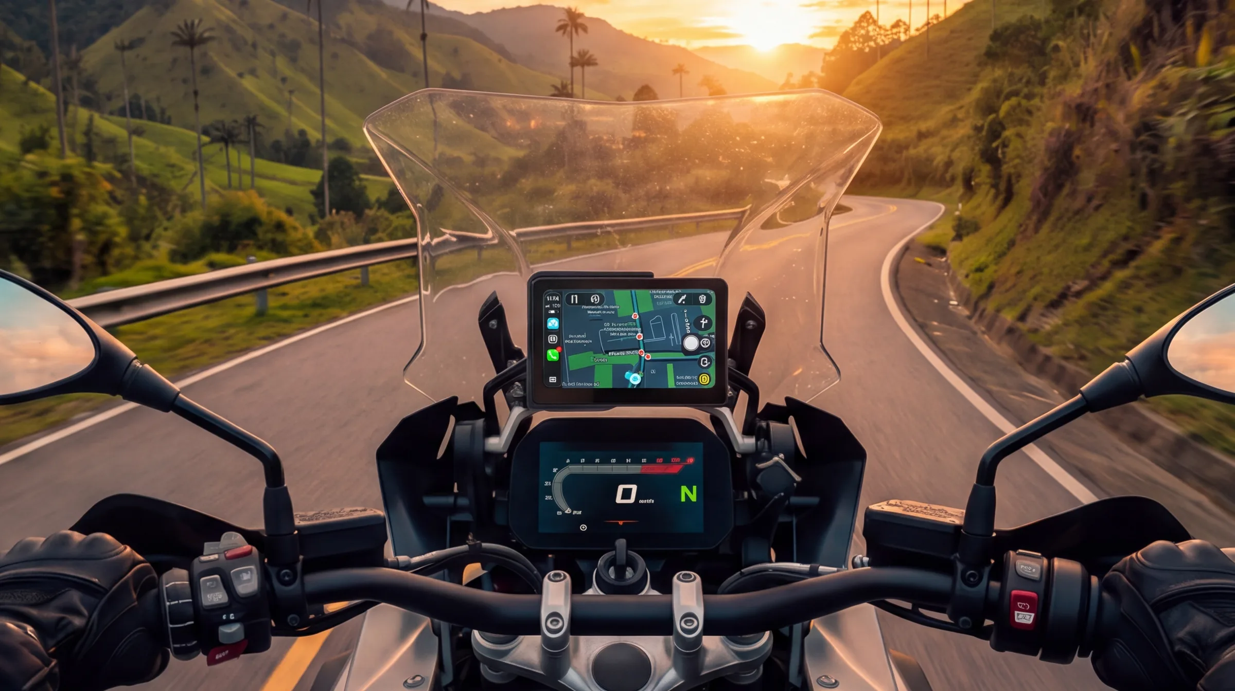 Pantalla DM Racing para BMW instalada sobre el tablero de una moto trail en una vía de montaña