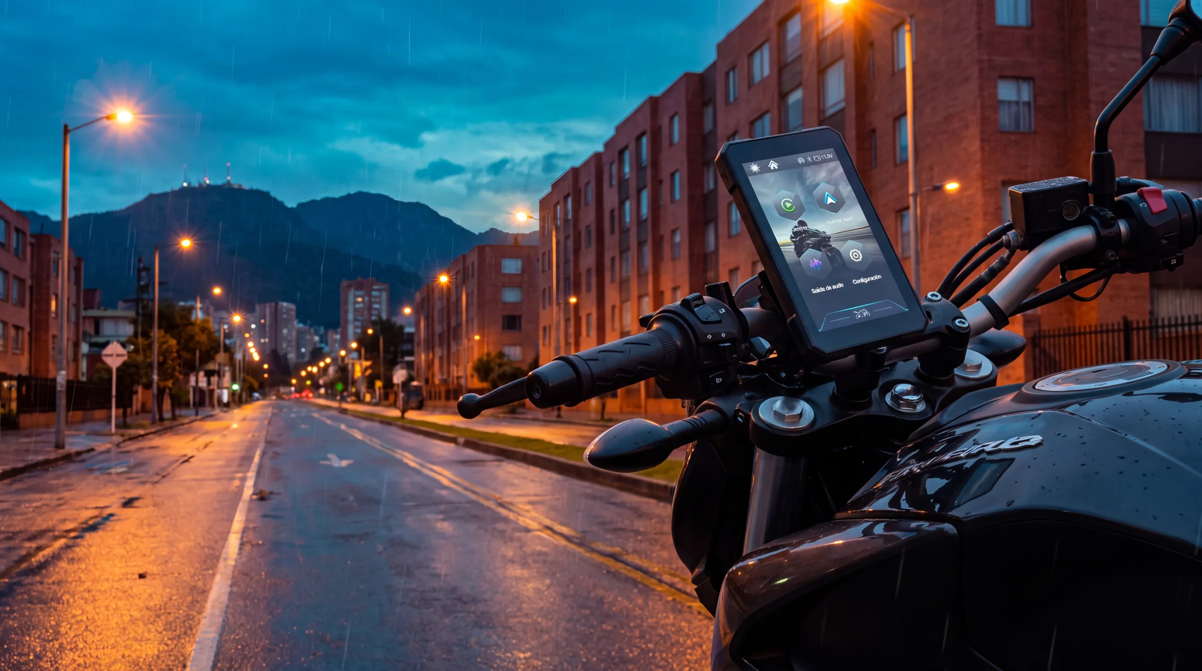 Pantalla D590 en posición vertical sobre el manubrio de una moto en una calle de Bogotá de noche